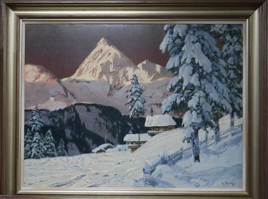 Alios Arnegger, oil on canvas, alpine landscape in winter, signed, 60 x 80cm